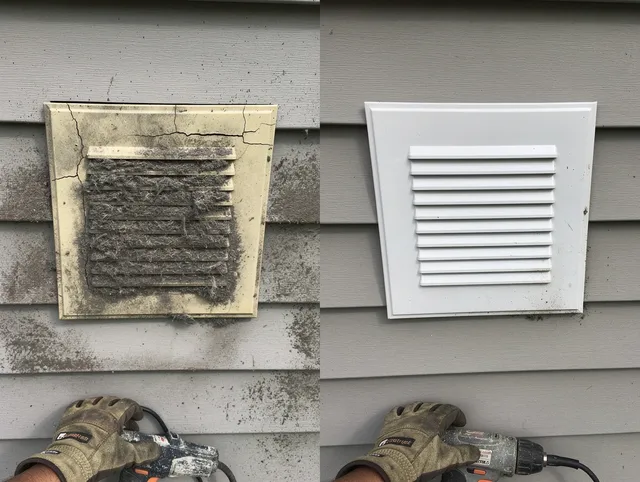 Central Falls Dryer Vent Cleaning technician installing high-quality dryer vent cover at a residential property in Central Falls