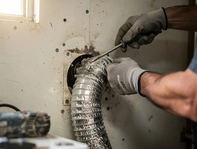 Central Falls Dryer Vent Cleaning technician performing precise dryer vent hose installation in Central Falls